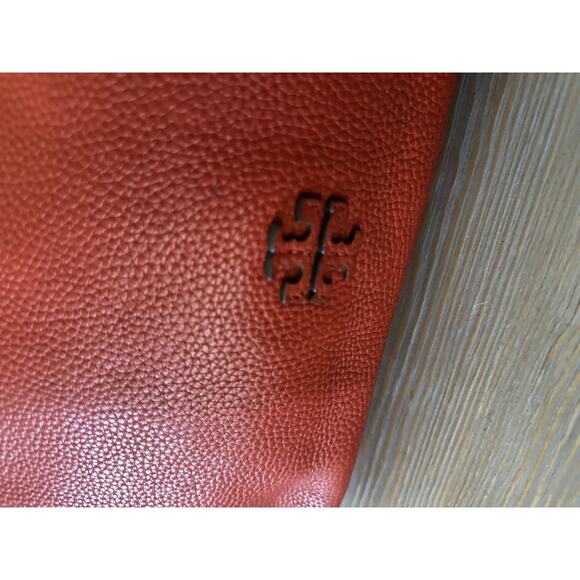 Tory Burch Leather Shoulder Bag Womens Red Braided Handle Hobo Pebbled Logo Zip - Picture 4 of 12